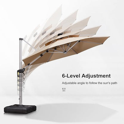 PURPLE LEAF 11ft Patio Umbrella With Base Solar powered LED Cantilever Umbrella with LED lights Windproof Outdoor Offset Umbrella for Garden Deck Pool Patio, Beige
