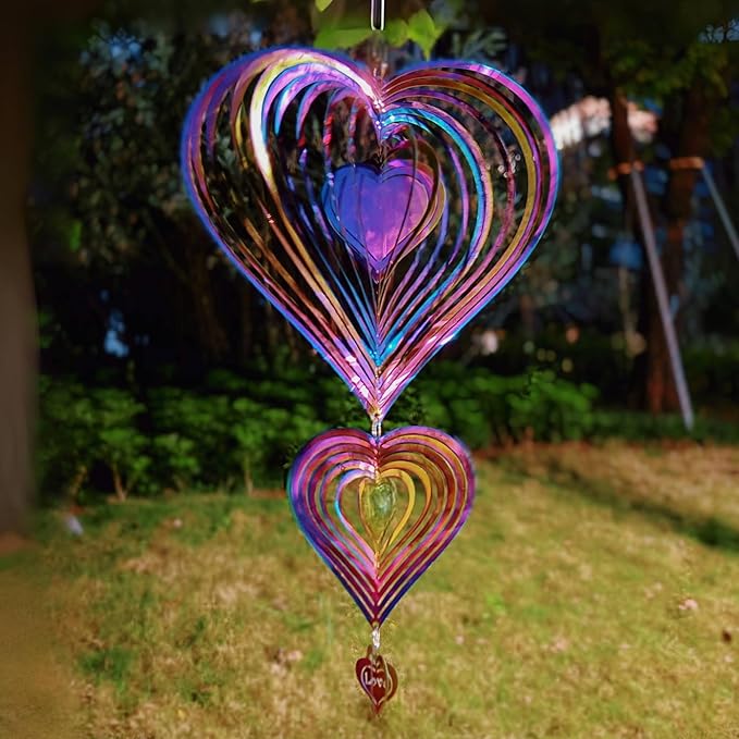 Wind Spinners Outdoor, 3D Heart, Gradient Rainbow Color, 14 inches Stainless Steel Metal, Hanging Wind Spinners, Garden, Yard Décor, Outside, Gifts for Women Mom Wife