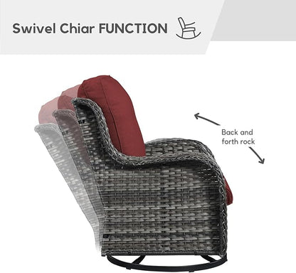 Patio Furniture 4 Piece Set, All-Weather PE Wicker Outdoor Set with Coffee Table, Swivel Rocker Chairs and Sofa, Grey/Green