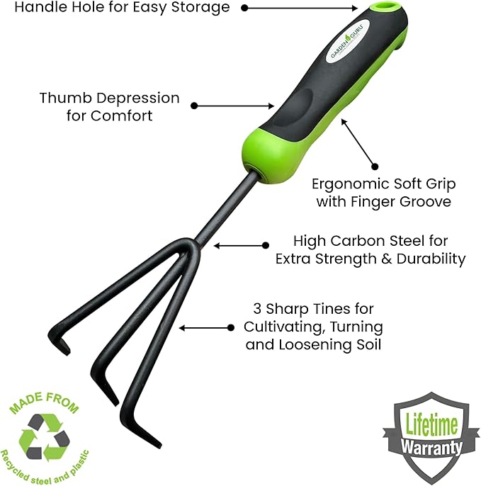 Garden Guru Hand Cultivator Rake Tiller Tool – High Carbon Steel for Ultimate Strength - Rust Resistant – Ergonomic Handle – Great for Gardening Cultivating Loosening Weeding (2 Pack)