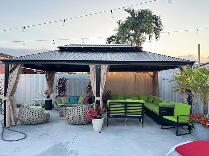 HOTEEL 12x20 Hardtop Gazebo with Metal Roof & Drainage System, Heavy Duty Galvanized Steel Gazebo with Reinforced Aluminum Frame, Privacy Curtains and Netting, for All-Weather, Brown (2025 Upgraded)