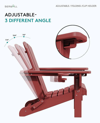 SERWALL Folding Adirondack Chair Set of 2, Adjustable Adirondack Chair with 3 Recline Positions, All Weather HDPE Outdoor Adirondack with Cup Holders, Red