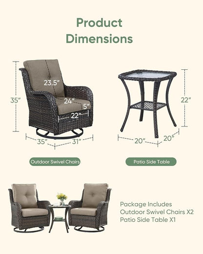 HUMMUH 3-Piece Swivel Rocking Rattan Chair Outdoor, Patio Bistro Furniture Conversation Set,Cushioned Wicker Chair with Glass Coffee Table(Brown, Grey)
