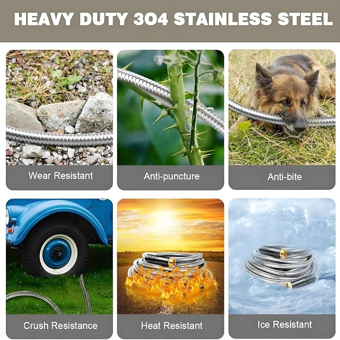 Garden Hose 50FT, Stainless Steel Water Hose with Nozzle, Flexible, Lightweight, Puncture Proof, Never Kink & Tangle, Heavy Duty Garden Hose for Yard and Outdoor