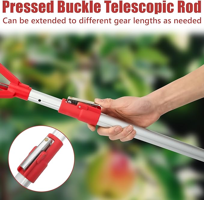 Adjustable Fruit Picker Extension 51"-91" Aluminum Telescoping Pole, Multi-Function Fruit Grabber for Lemons, Oranges, Persimmon, Avocados, Gentle Harvesting, No Bruising