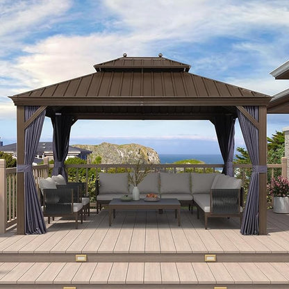 PURPLE LEAF 11' X 13' Outdoor Hardtop Gazebo Patio Wide Aluminum Frame Galvanized Steel Double Roof with Heavy Duty Netting and Curtains for Permanent Hard Top Pavilion Screen, Navy Blue