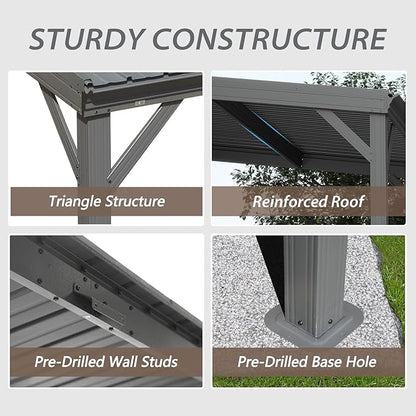 Domi 8'x8' Lean to Gazebo Hardtop, Expandable Wall Mounted Pergola with Gutters & Galvanized Steel Roof, 60MPH Wind Resistance, Outdoor Metal Heavy Duty Metal Awning for Patio, Deck, Backyard - Grey