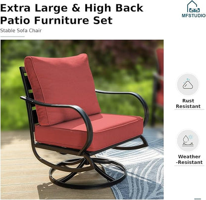 MFSTUDIO 4 Pieces Patio Conversation Set, 5 Seats Metal Patio Furniture Sets with 1 x 3-Seat Sofa, 2 Single Chairs,1 Coffee Table, All Weather Steel Patio Sets with 5.75inch Red Cushion for Garden