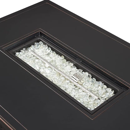 Fire Sense 63700 Preston Basketweave Aluminum Convertible Gas Fire Pit Table 45,000 BTU Multifunctional Outdoor Firepit with Fire Bowl Lid Nylon Cover Clear Fire Glass Bronze Finish - Rectangular 44"
