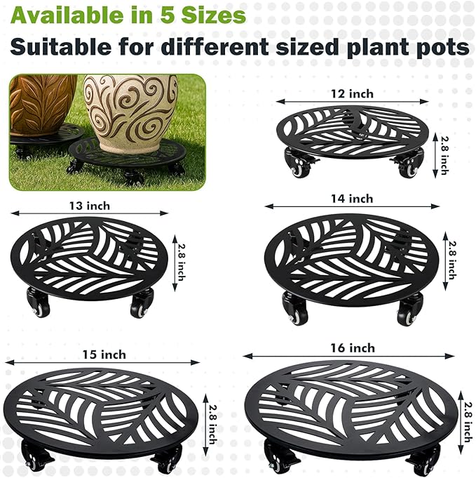 1 Pack Large Metal Plant Caddy with Wheels 13.5 Inches Heavy-duty Iron Rolling Plant Stand with Casters Indoor Outdoor Plant Roller Base Planter Movers Garden Dolly Coaster Trolley Black