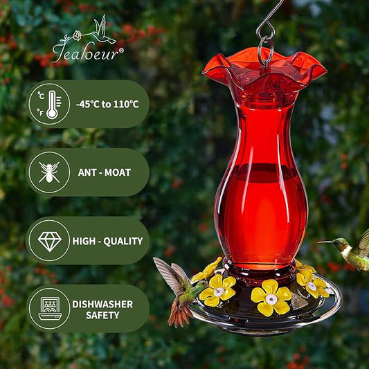 Hummingbird Feeder for Outdoors Hanging, 18 OZ Humming Birds Feeders with 6 Bee Guard Feeding Ports & Built-in Ant Moat, Easy to Clean, Durable Outdoor Garden Decor (Red 2 Pack-CC)