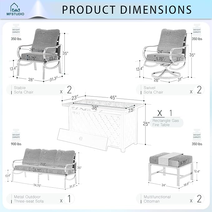 MFSTUDIO 8 Pieces Patio Furniture Sets with 45" Gas Fire Pit Table,Outdoor Metal Conversation Sofas with 1 x 3-Seat Sofa, 2 Single Chairs,2 Swivel Chairs and 2 Ottoman,Peacock Blue Cushion