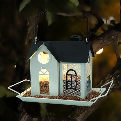 Solar Bird Feeder for Outdoors – White Metal Hanging Bird Feeder with Solar Light, Decorative Bird House Feeder for Cardinals, Finches, and Wild Birds, Weatherproof Backyard Garden Decor