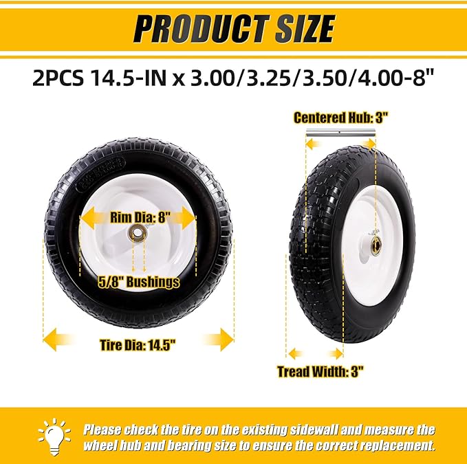 MZREXN 14.5" Wheelbarrow Tire Flat-Free 3.00/3.25/3.50/4.00-8" Solid Tire and Wheel with 3"-7" Centered Hub, 3/4" & 5/8" Bearings Replacement for Hand Truck/Dolly/Utility Cart/Garden Cart 2PCS White