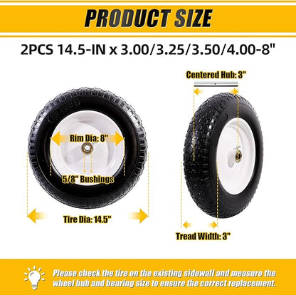MZREXN 14.5" Wheelbarrow Tire Flat-Free 3.00/3.25/3.50/4.00-8" Solid Tire and Wheel with 3"-7" Centered Hub, 3/4" & 5/8" Bearings Replacement for Hand Truck/Dolly/Utility Cart/Garden Cart 2PCS White