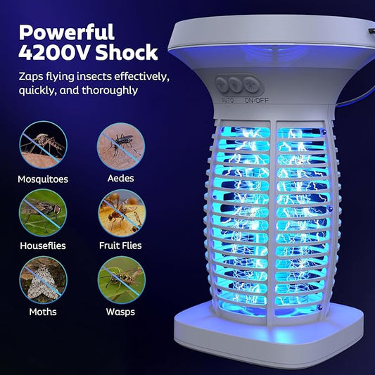 Solar Bug Zapper Outdoor, Mosquito Zapper Outdoor Waterproof Electric Fly Zapper Rechargeable Mosquito Killer with Solar Panel, 4200V Fly Trap Indoor for Home Backyard, Patio, Garden, Camping