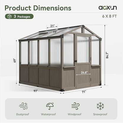 Aoxun 6x8 FT Walk-in Wooden Greenhouse,Solid Cedar Frame,Polycarbonate Panels, Automatically Temperature Control Roof Vent and Lockable Door,for Outdoor, Garden, Backyard,Patio, Lawn, Gray