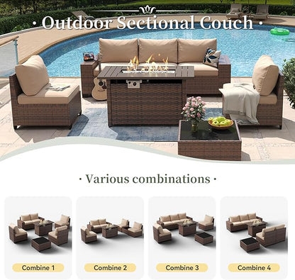 Aoxun 7 Piece Patio Furniture Set with Wide Armrests & 44” Fire Pit Table Wicker Rattan Outdoor Sectional Sofa Set with Coffee Table and Thickened Cushions, Brown/Beige(Waterproof Cover Included)