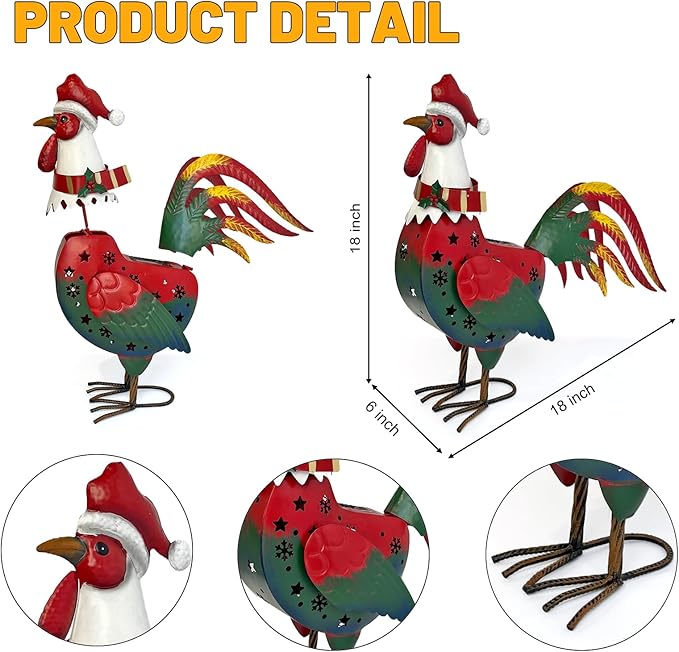 LIFFY Christmas Rooster Yard Decor,18" Metal Chicken Outdoor Decor with Solar Light,Garden Rooster Statues for Outside,Patio Decorative Ornaments for Home Backyard Landscape