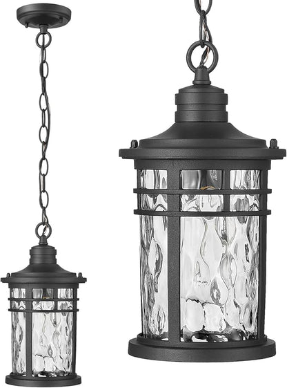 Outdoor Pendant Lights for Porch Aluminum Hanging Porch Light with Water Ripple Glass Hanging Lantern for Front Patio Gazebo Foyer or Garage