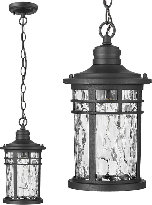 Outdoor Pendant Lights for Porch Aluminum Hanging Porch Light with Water Ripple Glass Hanging Lantern for Front Patio Gazebo Foyer or Garage