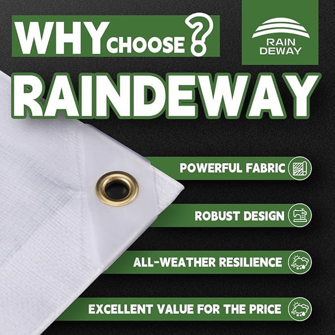12 Mil Heavy Duty White Tarps 7' X 30', Extra Thick,Durable,Waterproof, UV Resistant, Weatherproof Poly Tarp,with Metal Grommets and Reinforced Edge (Finished Size)-by Raindeway
