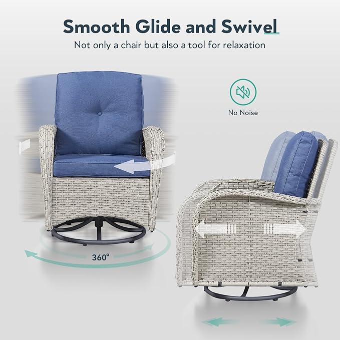 Outdoor Swivel Glider Rocker Chairs - 3 Piece Wicker Patio Furniture Set, All Weather Patio Bistro Set with Glass Side Table for Balcony Porch Deck Backyard - Light Beige Wicker Blue Cushion