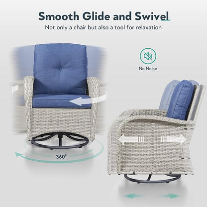 5 Piece Patio Furniture Set - Wicker Patio Conversation Set with Swivel Glider, Loveseat Bench, Tempered Glass Side Table and Coffee Table for Deck Backyard - Light Beige Wicker Blue Cushion
