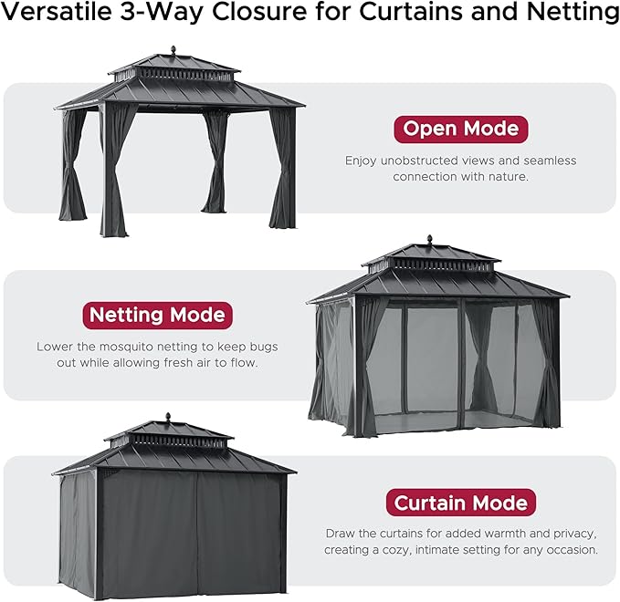 SUNJOY Kingston 12' x 10' Hardtop Gazebo with Galvanized Steel Double Roof, Curtain and Netting, Gray Aluminum Posts Permanent Pavilion Gazebo for Garden, Patio, Deck, Lawn