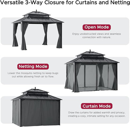 SUNJOY Kingston 12' x 10' Hardtop Gazebo with Galvanized Steel Double Roof, Curtain and Netting, Gray Aluminum Posts Permanent Pavilion Gazebo for Garden, Patio, Deck, Lawn