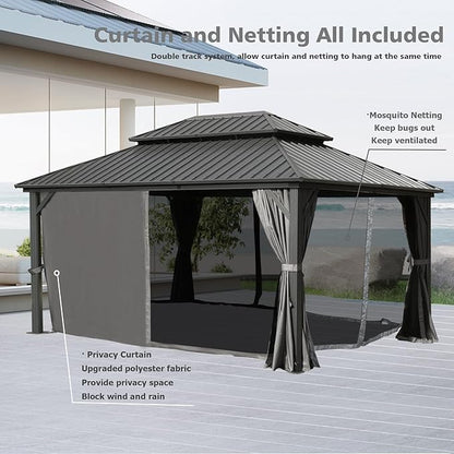 Domi Hardtop Gazebo 10x14FT, Aluminum Outdoor Gazebo with Galvanized Steel Double Roof Canopy, Curtains and Netting Included, Metal Gazebo Permanent Pavilion for Patio, Lawn, Garden, Gray