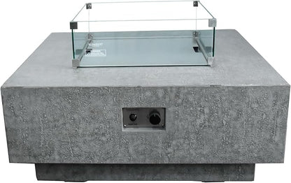 Elementi | Bundle Manhattan Gas Fire Pit Cast Concrete 36" Square Fire Table, Outdoor Fire Pit Electronic Ignition | Canvas Cover, Lava Rock Included | Light Gray (Propane Gas)