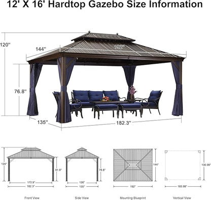 PURPLE LEAF 12' X 16' Permanent Hardtop Gazebo for Patio with Netting and Curtains Deck Backyard Heavy Duty Sunshade Metal Roof All Weather Outdoor Pavilion Canopy