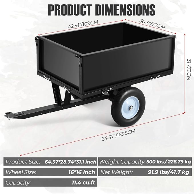 Heavy Duty Steel Dump Trailer, 500 LBS/11.4 Cu.Ft Capacity Garden Dump Cart for Lawn Mower, Utility Trailer with Removeable Rear Panel, Designed for Tractor, ATV, UTV, Black
