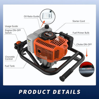 62cc 2-Stroke Auger Post Hole Digger with 2 Extension Rods & 6" & 8" Auger Bits - Gas Powered Earth Auger for Fencing, Gardening, Construction - Heavy Duty Digging Machine (62cc+2 Auger Bit(6"8"))