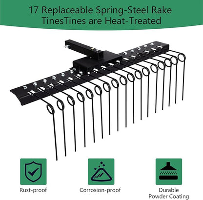 48" Durable Pine Straw Rake Steel Spring Landscape Rake Fits 2" Receiver for Lawn Tractors or ATV/UTV Black