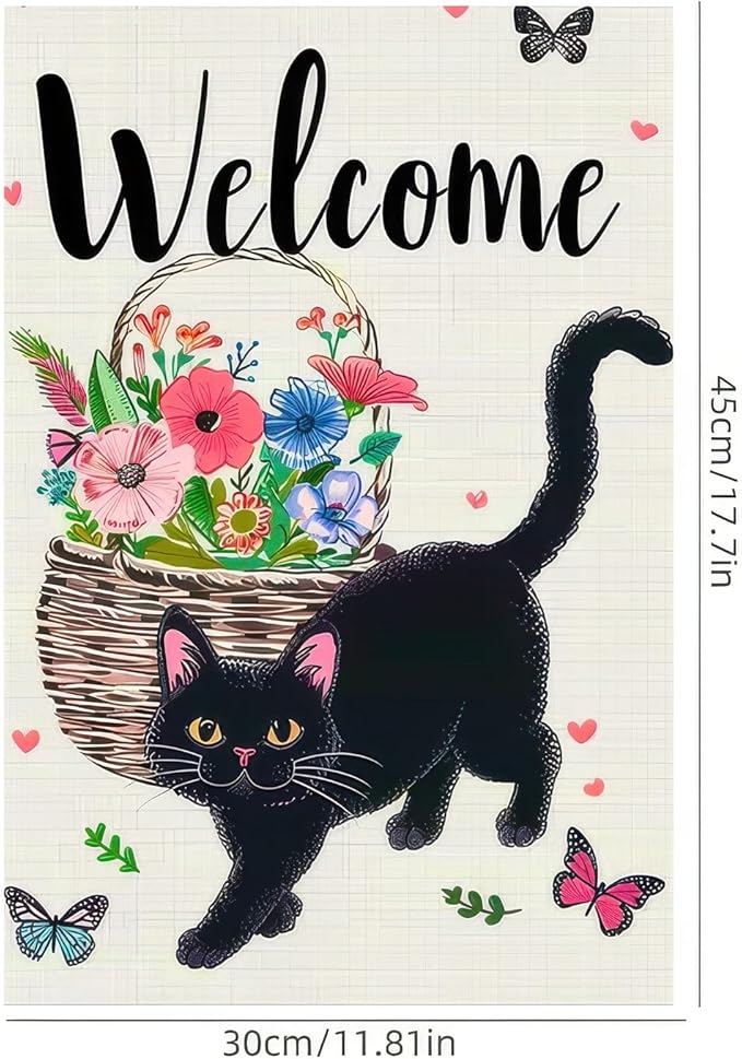 Welcome Cat Garden Flag 12x18 Inch Cute Black Cat Colorful Floral Butterfly Basket Double-Sided Yard Decoration for Outdoor Garden Patio Yard Spring Summer Décor