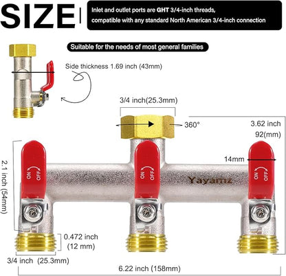 3 Way Garden Hose Splitter, Heavy Duty Brass Nickel Plated Rust Resistant Faucet Manifold, 3/4" Frost Resistant Outdoor Hose Adapter Connector，Hose Spigot Adapter with 3 large red handles