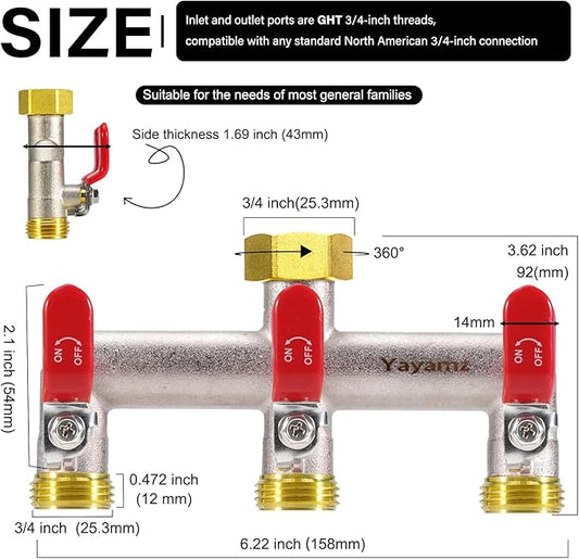 3 Way Garden Hose Splitter, Heavy Duty Brass Nickel Plated Rust Resistant Faucet Manifold, 3/4" Frost Resistant Outdoor Hose Adapter Connector，Hose Spigot Adapter with 3 large red handles