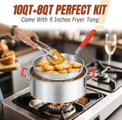 10QT Propane Fish Fryer with Lid, Cover, Fryer Tong & Thermometer, 8QT Basket for Frying Fish, Chicken Wings, French Fries, Deep Fryers with 5 PSI Regulator & 55,000 BTU Burner for Outdoor Cooking
