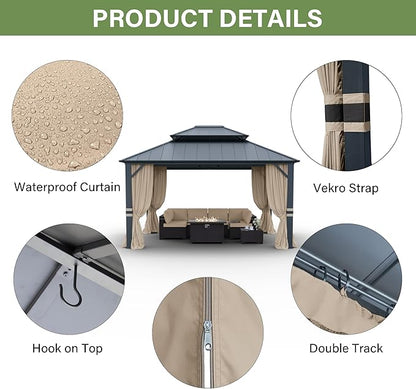 12' x 14' Hardtop Gazebo,Outdoor Galvanized Steel Metal Double Roof Gazebo with Curtains and Netting for Patios, Gardens, Lawns,Khaki