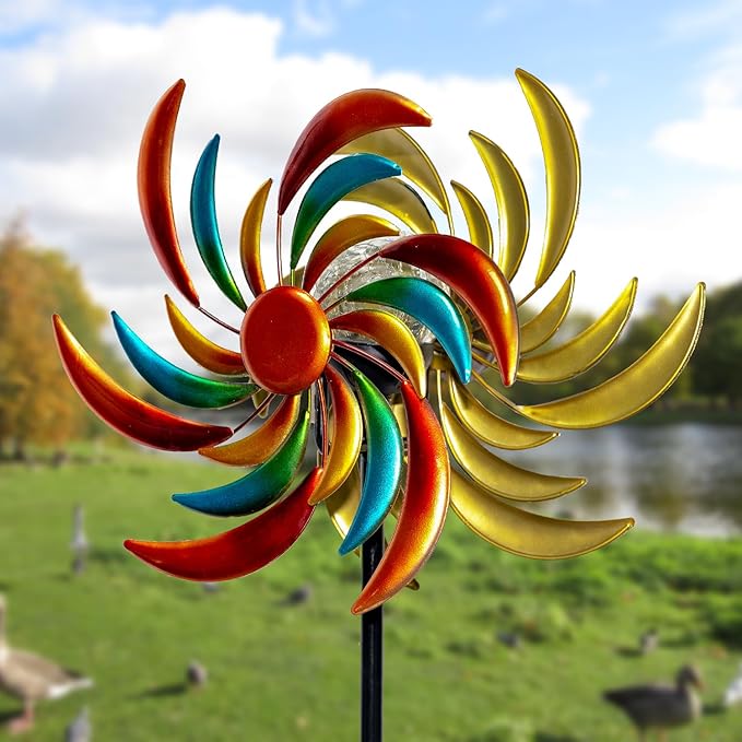 Solar Wind Spinners Outdoor, 60.6 Inch Metal Stake Garden Spinners Decor, Wind Spinner for Yard and Garden with Solar Powered Multi-Color Glass Ball Light (Strip)