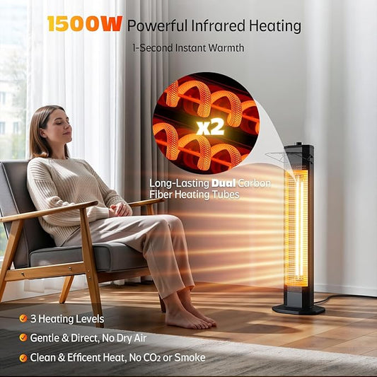 Outdoor Electric Patio Heater, 34-inch 1500W Infrared Tower Heater with Instant Heating, Tip-Over & Overheat Protection, IPX5 Waterproof Space Heater for Patio Garage Workshop Indoor & Outdoor Use