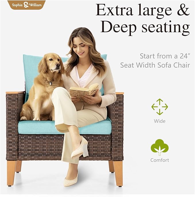 Sophia & William Patio Furniture Set with Fire Pit Table, 10 Piece Outdoor Wicker Furniture Sectional Sofa, Extra Large Patio Rattan Conversation Set with Ottoman & 45" Fire Pit Table(Aqua Blue)