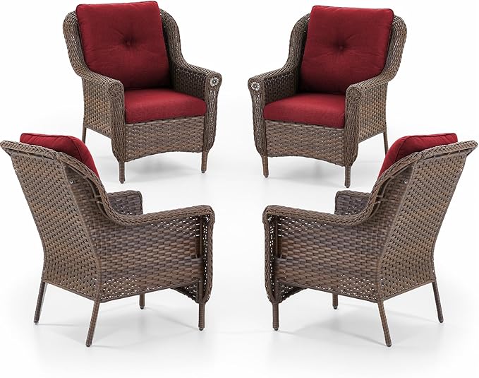 Patio Wicker Chairs Outdoor Furniture Chair - Set of 4 Outside All Weather Lawn Dining Brown Rattan Armchair with High Back&Deep Seating for Deck Porch Balcony Backyard Garden - Red