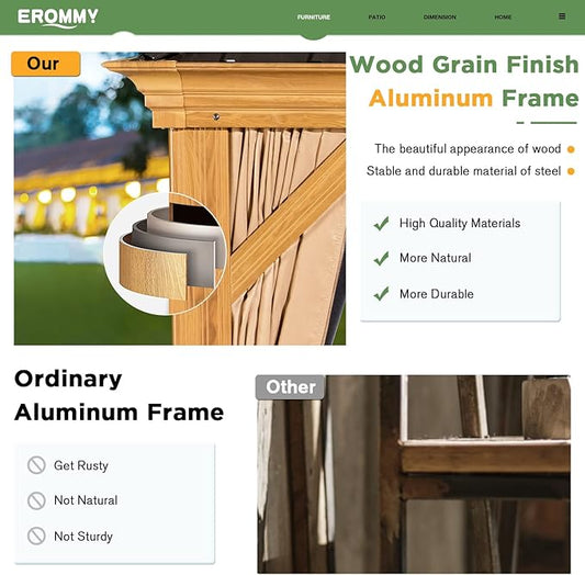 EROMMY 12'x16' Hardtop Gazebo, Wood Grain Aluminum Frame Outdoor Gazebo with Galvanized Steel Roof, Permanent Metal Pavilion with Curtains and Nettings for Patio, Backyard, Deck and Lawns