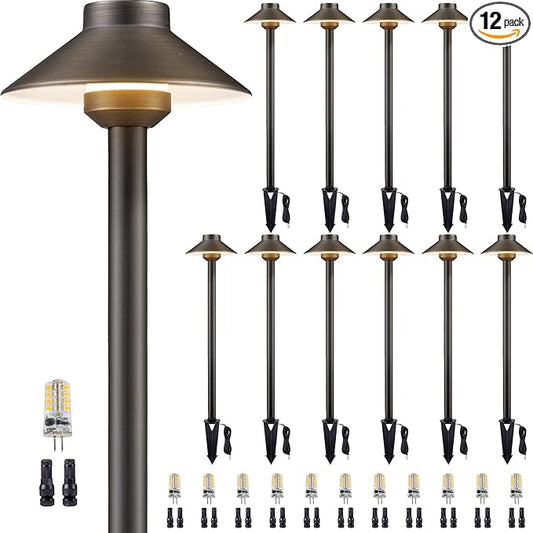 Gardenreet Solid Brass Pathway Light - 12v Landscape Path Lights Outdoor Waterproof, Electric Walkway Lamp Wired, Hat Shape Antique Bronze Garden Decoration with 3W 270LM 2700K G4 Bulb (12 Pack)