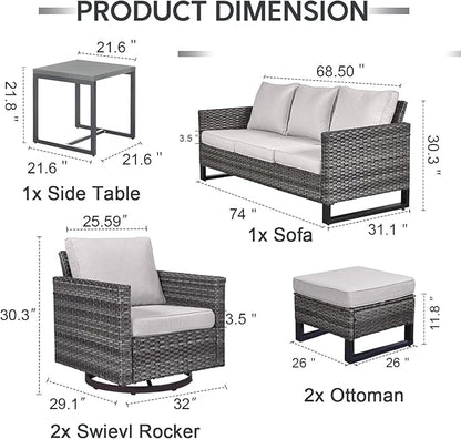 6 Piece Wicker Patio Furniture Set - Outdoor Swivel Rocker Chairs Set with Side Table, 3 Seat Sofa and Ottomans, Small Patio Conversation Sets Proch Furniture for Balcony Deck - Grey/Beige