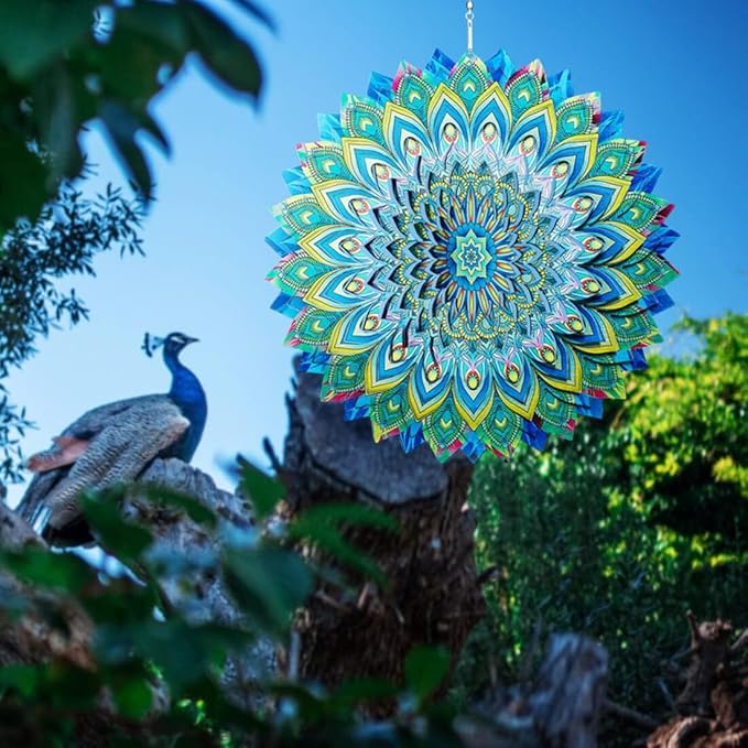 Peacock Wind Spinner,12.1in Green Bird Feather Style Spinner Hanging Ornaments,3D Kinetic Art Garden Sculptures,Sun Catcher Outdoor Metal Large Spinning Yard Decor,Big Craft Decorations for Garden