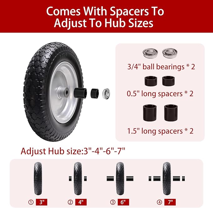 14.5" Wheelbarrow Tire, 3.50-8" Flat-free Solid Tire and Wheel with 3" -7" Centered Hub and 5/8" & 3/4"Bearings for Wheelbarrow Trolley Dolly Lawn Mover Go Kart Replacement (2-Pack)